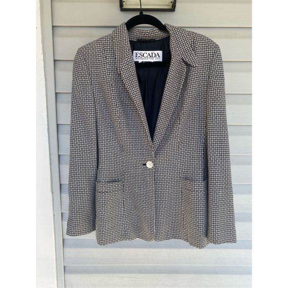 Escada Wool Silk Blend Black White Blazer, Mother of Pearl Button, Size Medium* - Picture 1 of 11